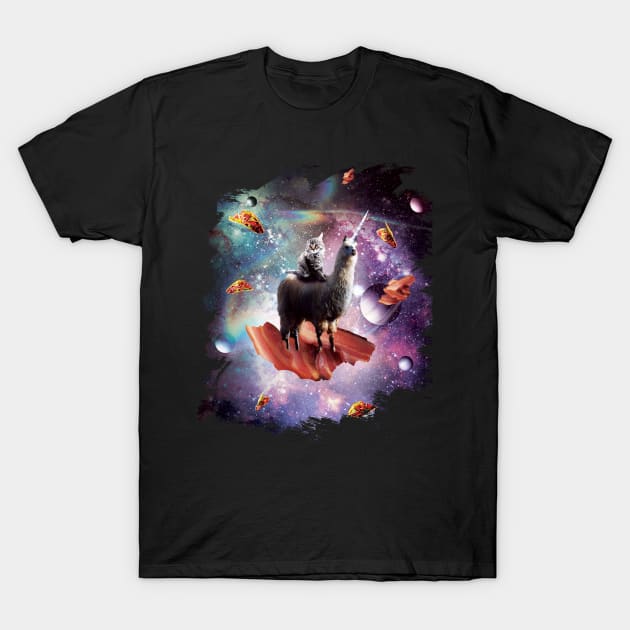 Space Cat Riding Llama Unicorn - Bacon & Taco T-Shirt by Random Galaxy